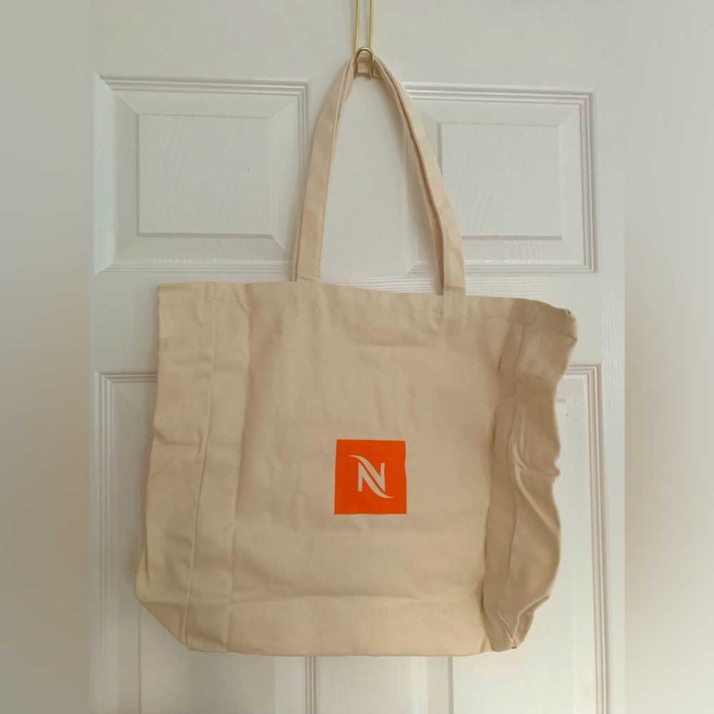 NEW Nescafé Tote: Cream Fabric w/Orange Logo in the Middle, Stripes, 2 Handles